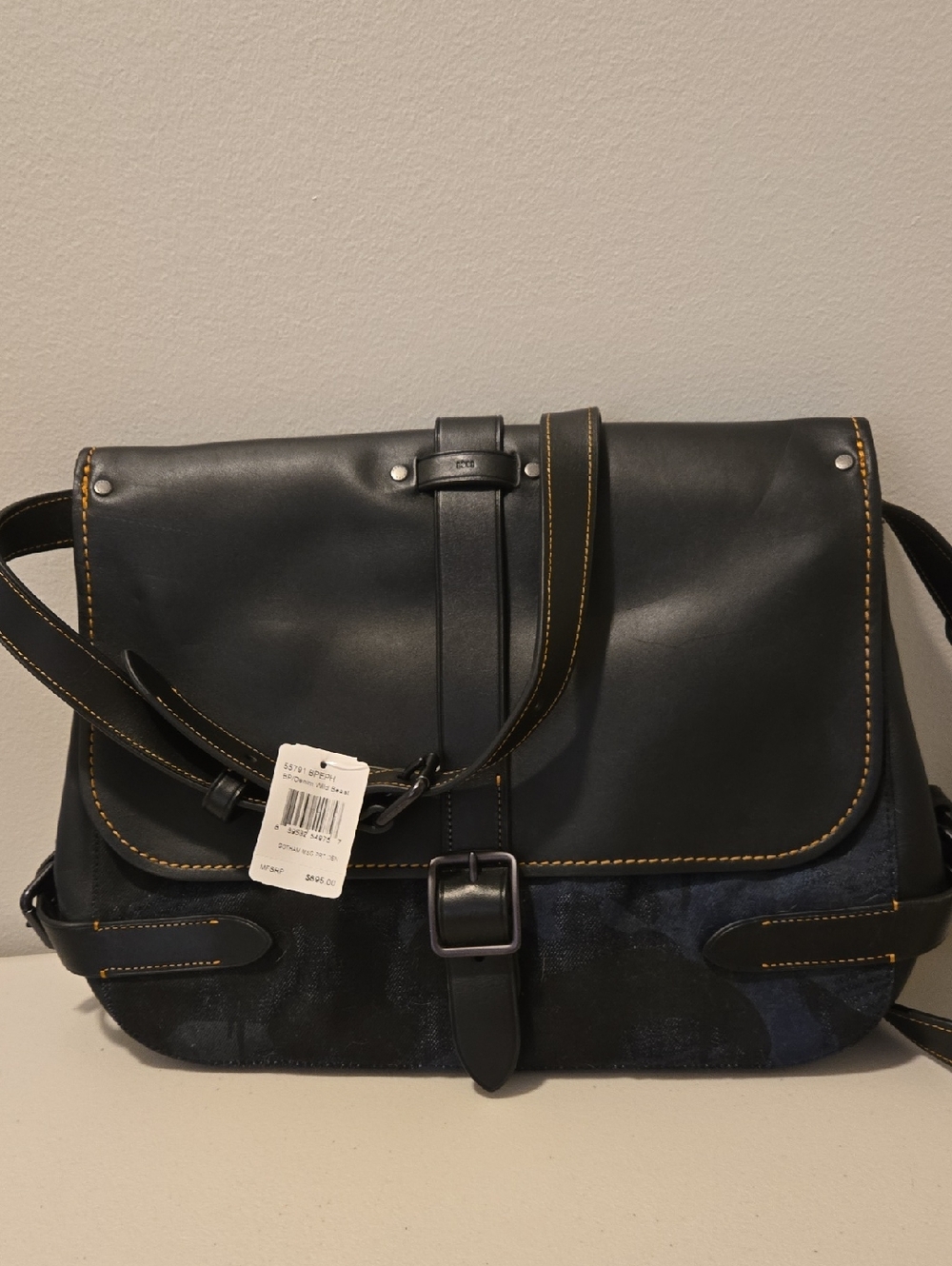 Coach Black Leather Messenger Bag with Tan Stitching